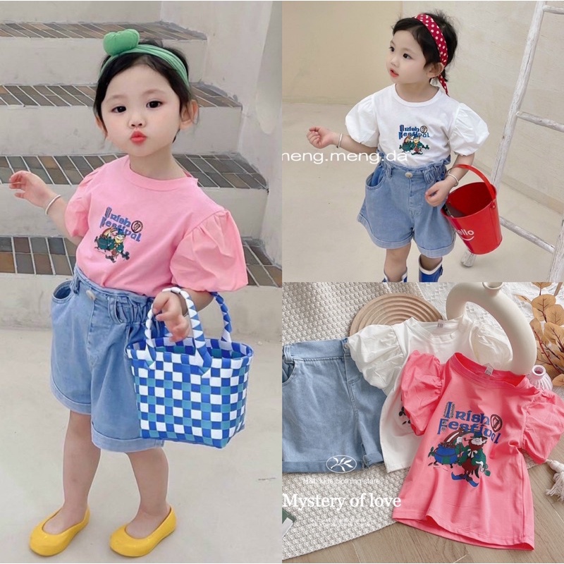 Set Bé Gái Festival Tay Bồng Phối Quần Bò Xước Cá Tính