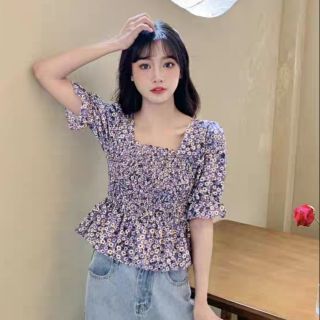 [Sẵn] Áo cổ vuông lưng chun hoa nhí daisy đuôi xòe