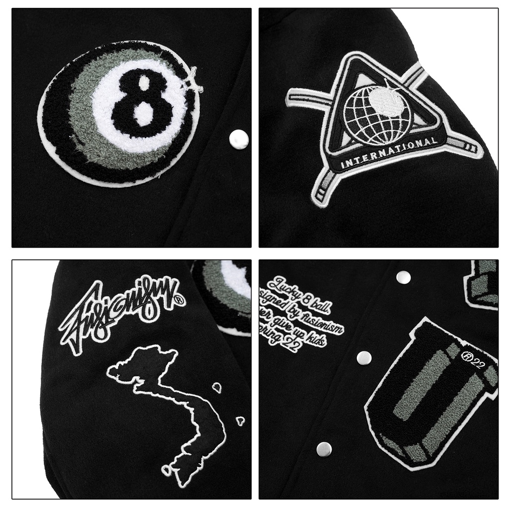 Áo Khoác Varsity Jacket Lucky 8 Ball Fusionism - Vải Dạ Logo Thêu - Màu Đen - Unisex Nam Nữ