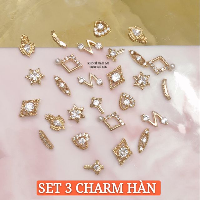 Set 3 viên charm nail cao cấp ánh vàng – Charm trang trí móng tay phong cách Hàn Quốc