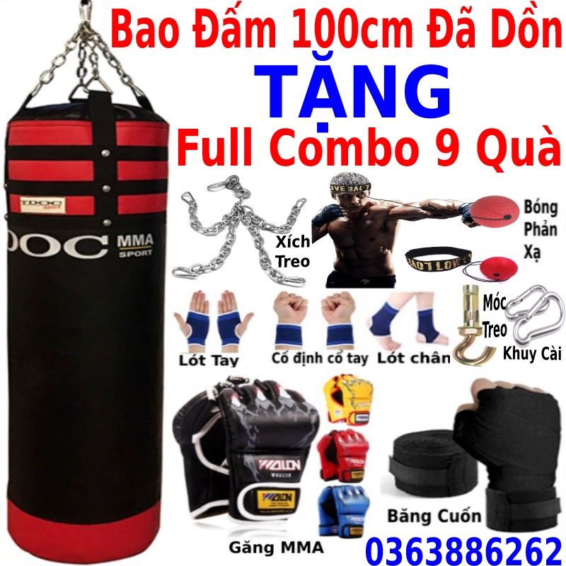 Bao cát đấm bốc boxing mma treo tường đã nhồi sẵn dài 1m, D30cm,nặng 20kg tặng full 8 món + bóng phản xạ treo đầu