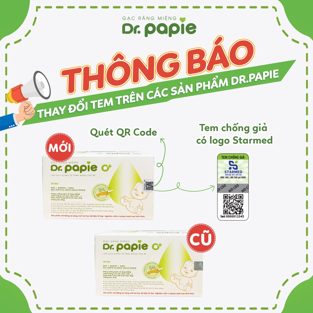 10 Gạc / Hộp 30 Gạc rơ lưỡi DR PAPIE cho bé - Vệ sinh răng miệng DR.PAPIE