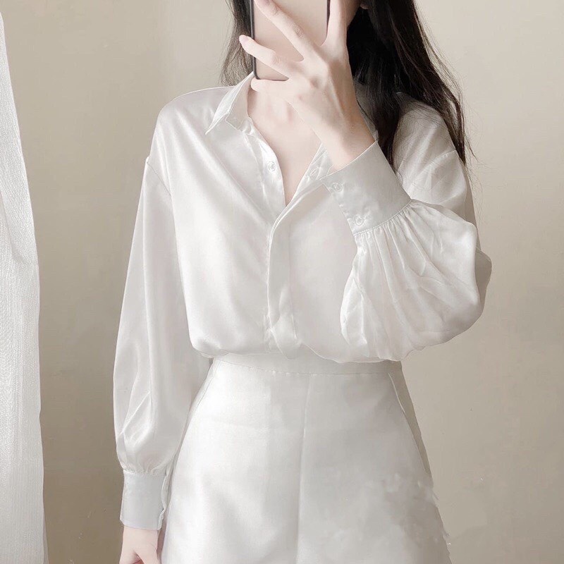 Áo sơ Mi Lụa Phom Suông Dài Tay CHIPY Cổ Đức Công Sở Chất Lụa Ngọc Trai Mềm Mịn Không Nhăn Nhàu Mặc Đi Làm Màu Trắng