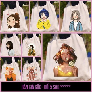 Túi tote, túi vải canvas quai tròn, có khóa kéo in hình cô gái tóc ngắn - túi mơ tro store