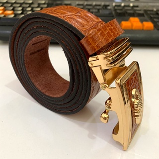 Thắt Lưng Nam Da Bò Nguyên Miếng 1 Lớp Màu Nâu Nhạt Dập Vân Cá Sấu Mặt Khóa Tự Động Màu Vàng Gold