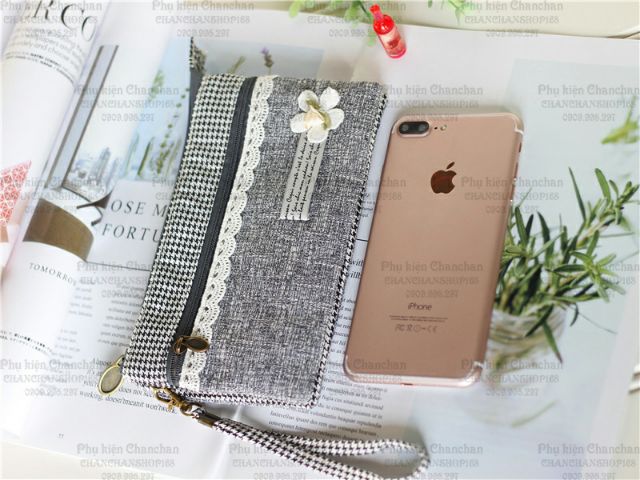 Ví tiền - điện thoại  dây kéo HOA TRẮNG 89K
