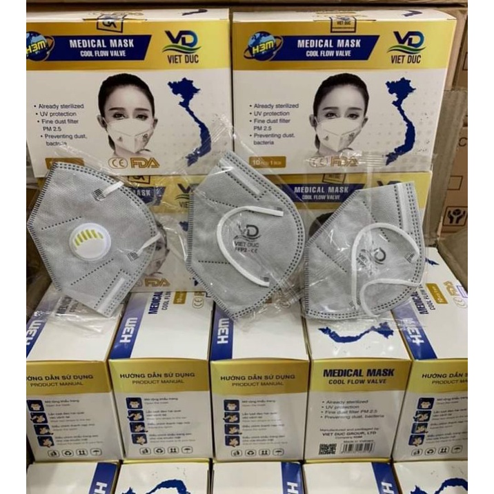 Khẩu trang N95 Việt Đức - không van - màu xám. Hộp 20 cái
