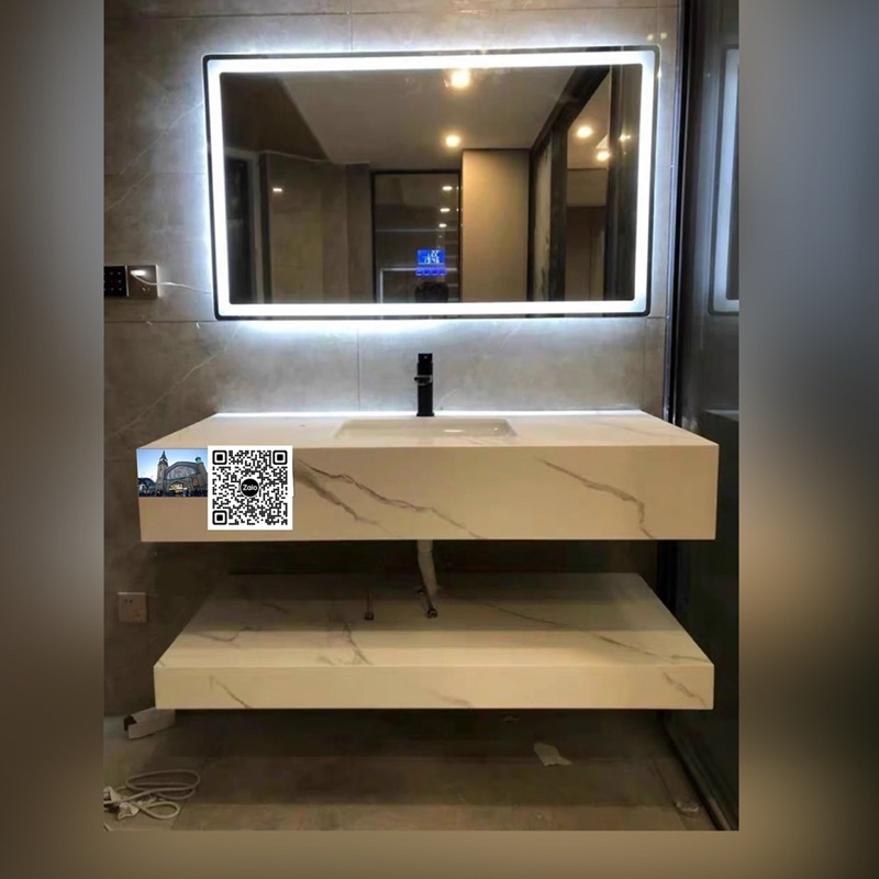 Bàn đá lavabo Granite 2 tầng size 80x47( Chống trầy)+lavabo+gương Led + Vòi Nóng Lạnh Đen
