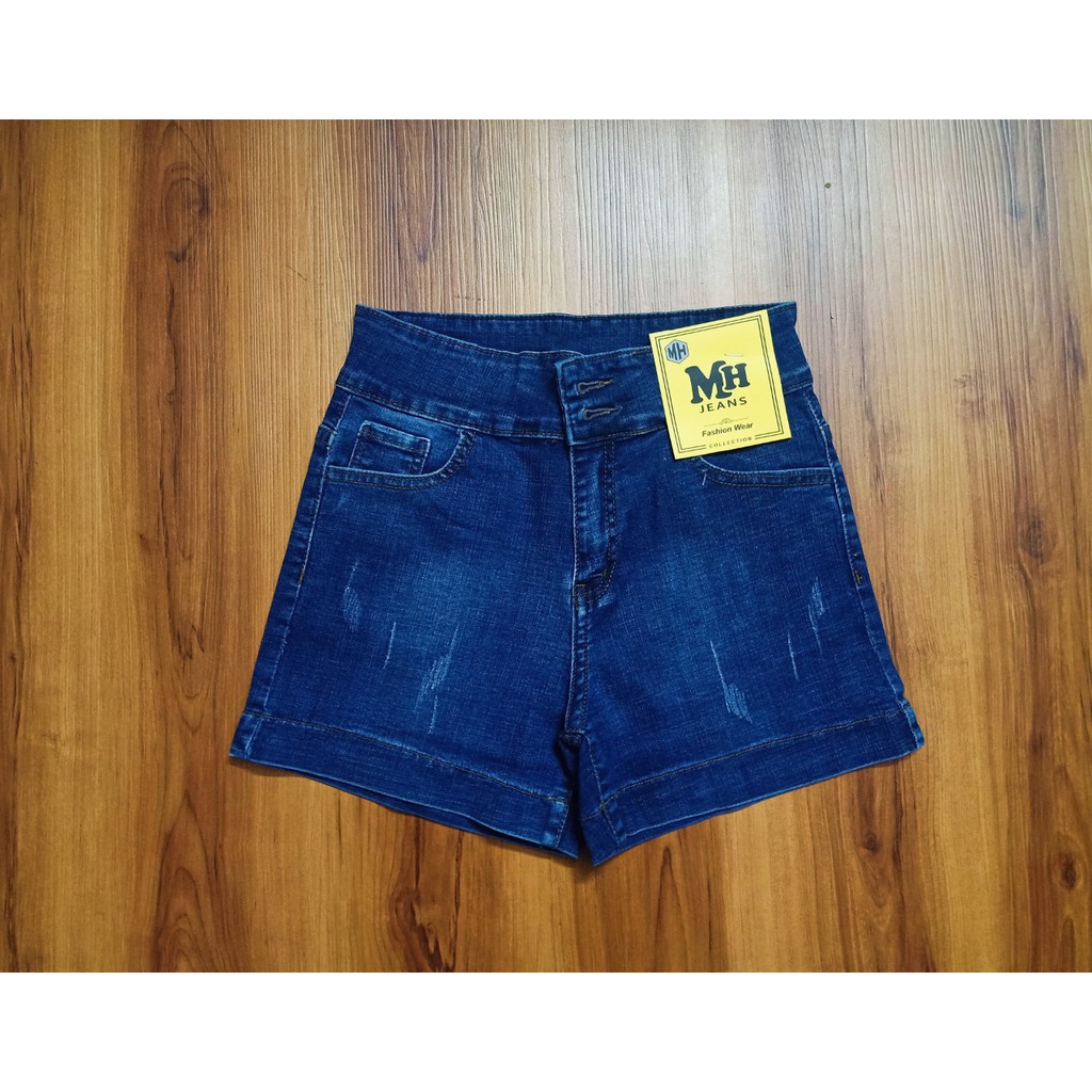 Quần sọt jean nữ lưng cao bảng to 2 nút màu xanh đậm từ 35-70kg