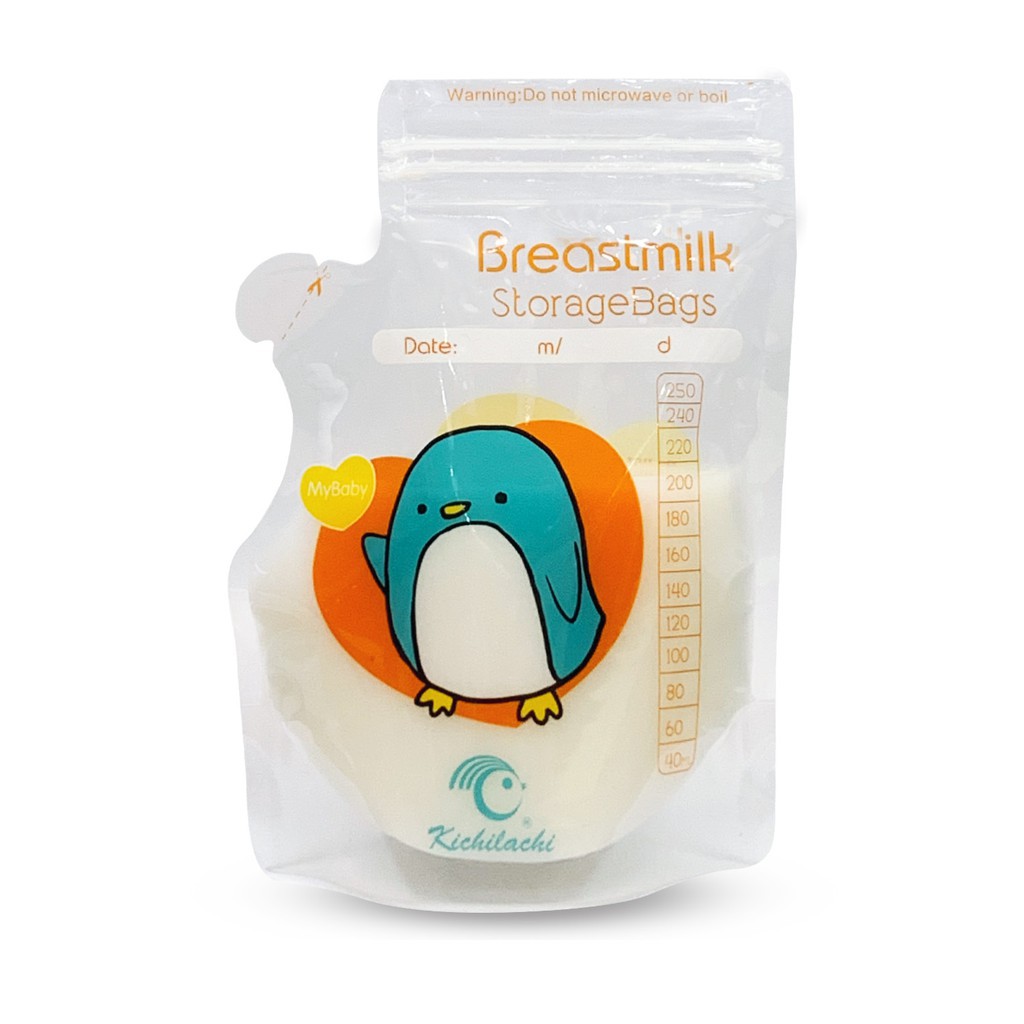 10 - 50 Túi trữ sữa 250ml không BPA, không mùi &amp; 2 khóa zip an toàn cho Bé KICHILACHI (Hình chim cánh cụt dễ thương)