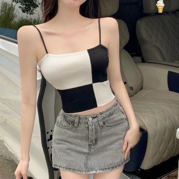 Áo kiểu nữ 2 dây bún phối màu đen trắng cá tính chất thun bozip