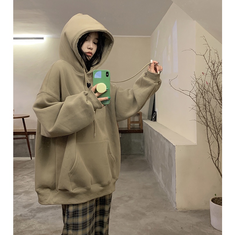 Áo hoodie tay dài dáng rộng màu nâu kaki in họa tiết trái tim thời trang mùa thu 2022 mới