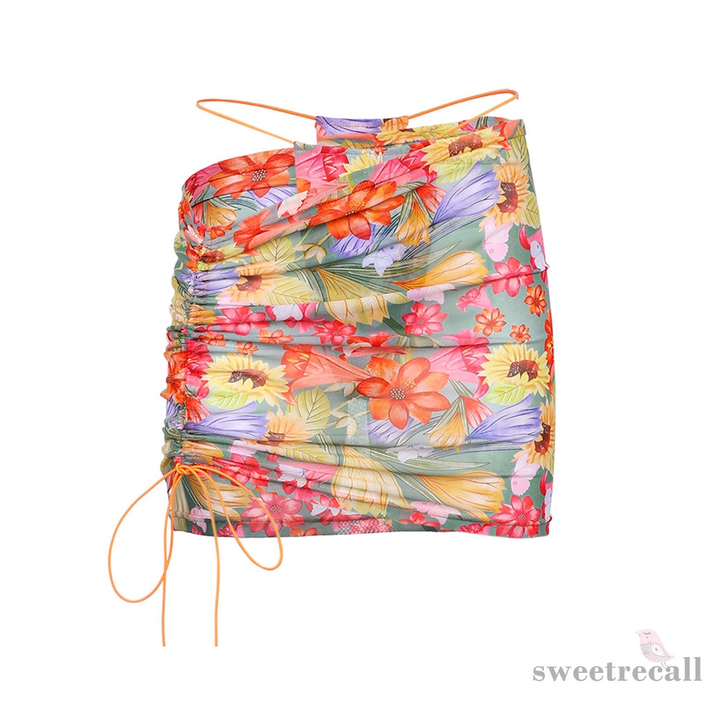 Bộ đồ 2 món áo croptop tay dài cổ chữ V buộc dây in họa tiết hoa + chân váy dây rút thời trang đi biển cho nữ | BigBuy360 - bigbuy360.vn