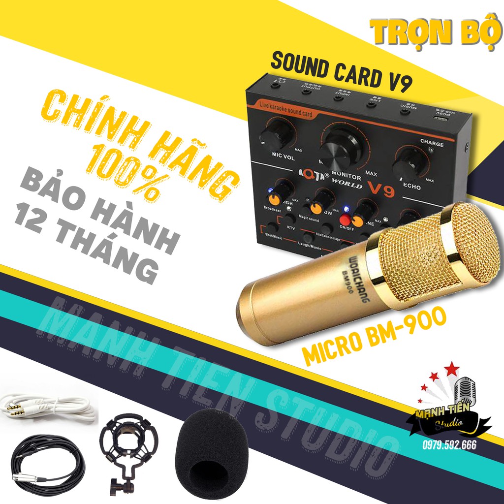 [COMBO GIẢ TỐT tặng kèm tai nghe] Soundcard thu âm livestream V9 Plus có điều khiển hỗ trợ bluetooth - Micro thu âm BM90