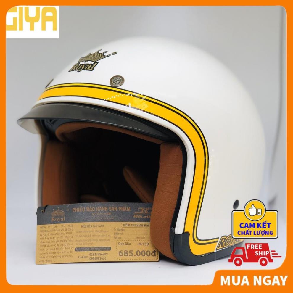 Mũ bảo hiểm Royal kính âm M139 tem V10 trắng line vàng