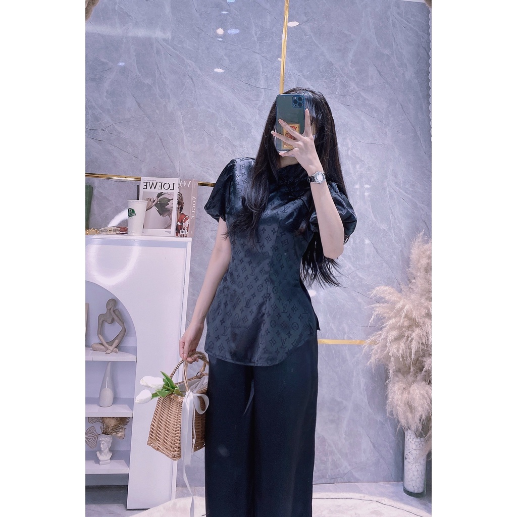Set nữ đi chùa nút tàu tay bí chất gấm lụa sang trọng quý phái với màu đen và nu trơn