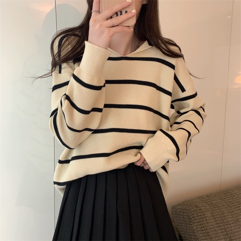 Áo dệt kim Perty dáng rộng kẻ sọc phong cách vintage Hàn Quốc thời trang mùa xuân cho nữ
