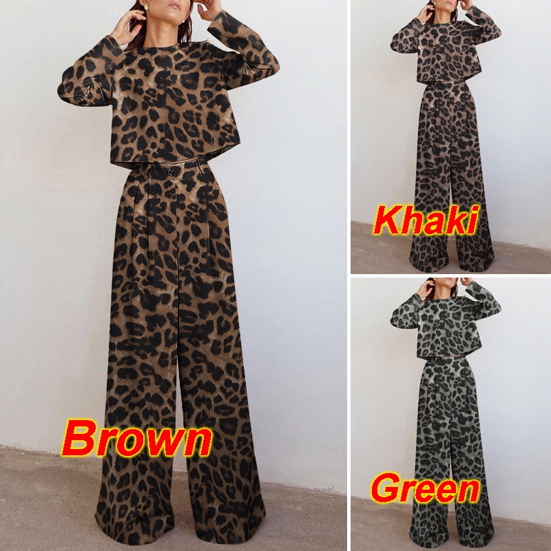 Bộ đồ ZANZEA in họa tiết da báo gồm áo croptop dài tay và quần dài ống rộng