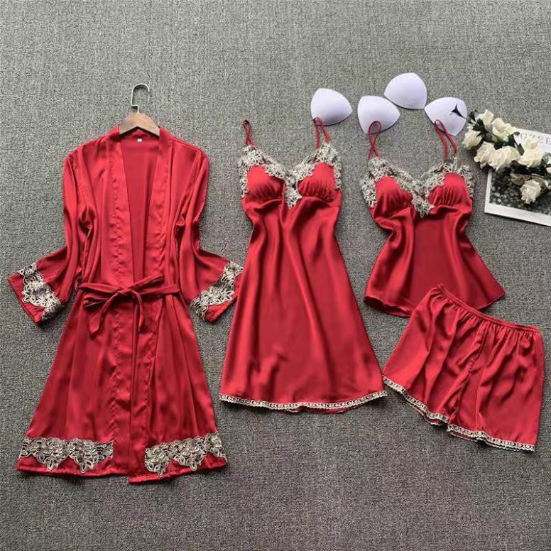 Set đồ ngủ lụa 4 món viền ren thêu hàng cao cấp