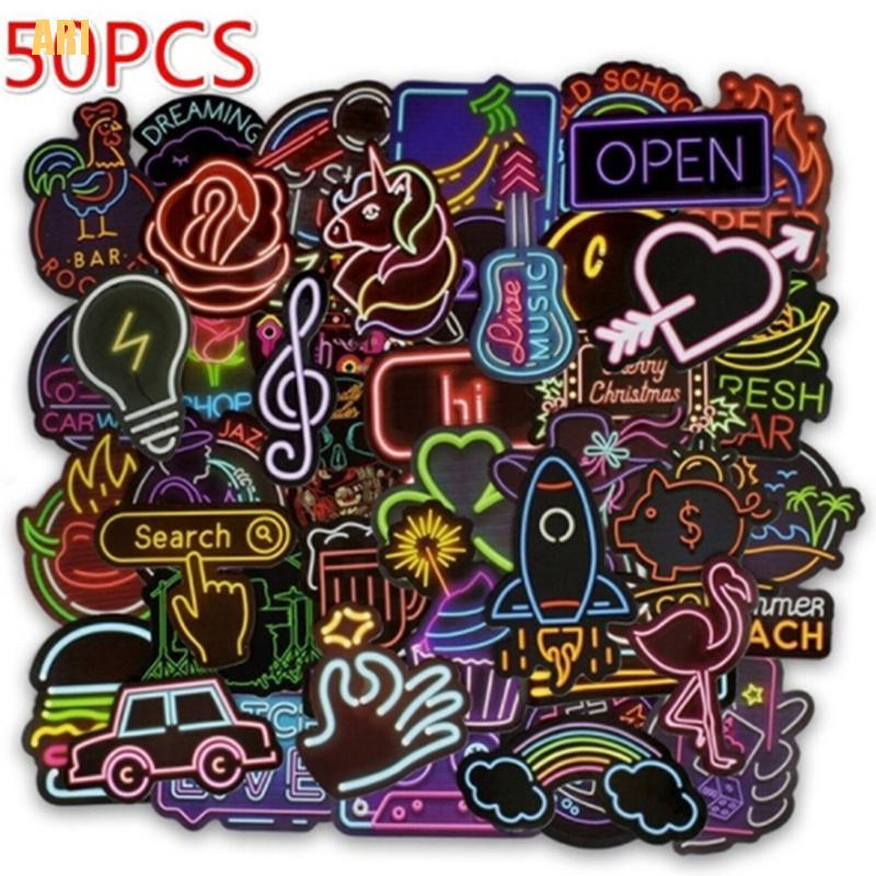 Bộ 50 Miếng Dán Màu neon Dễ Thương Dùng Trang Trí Vali / laptop / guitar