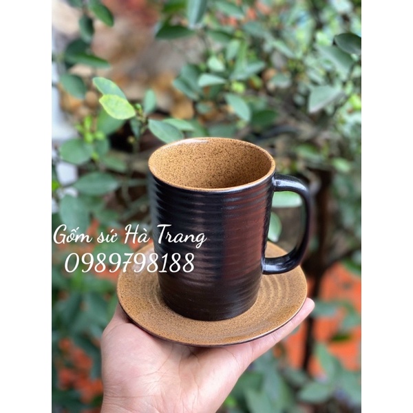 Set cốc đĩa gốm sứ Bát Tràng cao cấp không chì men đen lòng nâu gốm hạt tiêu dung tích 350ml
