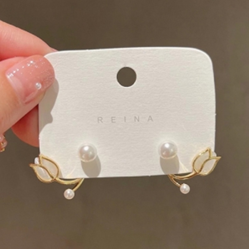 Bông Tai Mạ Bạc 925 Hình Hoa Tulip Đính Ngọc Trai Phong Cách Hàn Quốc Mới 202