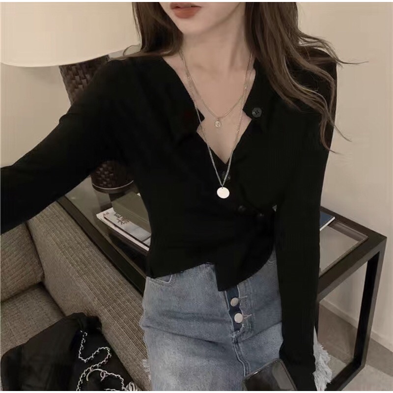 Áo Sơmi Dệt Kim Dài Tay Cài Cúc Chéo - Cập Nhật Thời Trang Hè Thu 2023