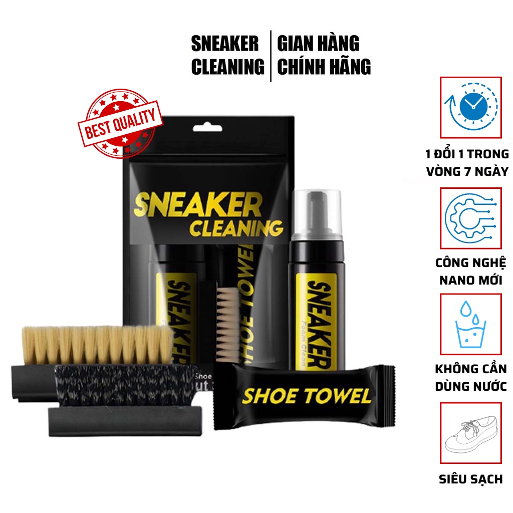 Combo Bộ vệ sinh giày Sneaker Cleaning 3 món gồm chai xịt bọt, bàn chải mềm, khăn lau giặt khô giày trắng, thể thao, da