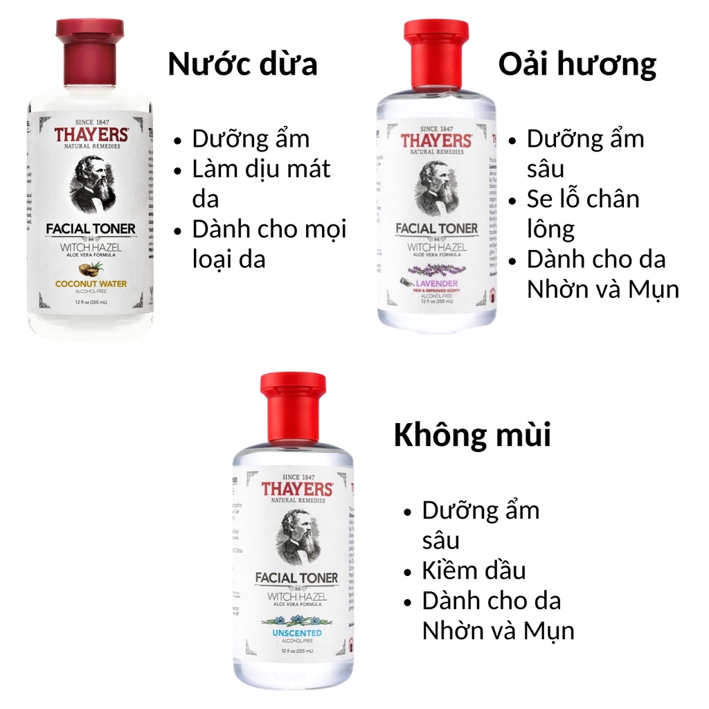 Nước hoa hồng Toner Thayers Alcohol Free Witch Hazel không cồn dưỡng ẩm dịu nhẹ 355ml DA07