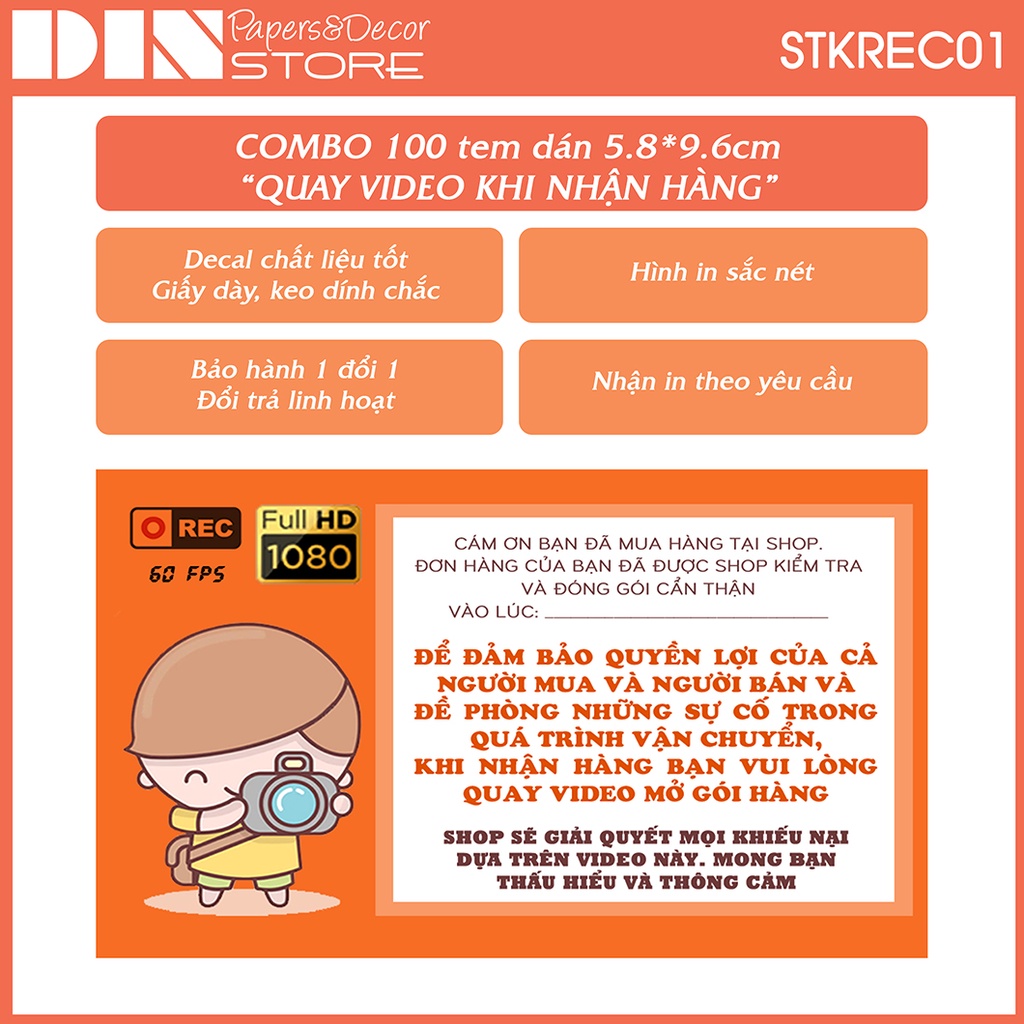 [GIÁ SỈ] Combo 100 tem dán &quot;Quay Video Kiểm Tra Đơn Hàng&quot; STKREC01  DIN Store  Phụ kiện đóng gói, nhãn dán giao hàng