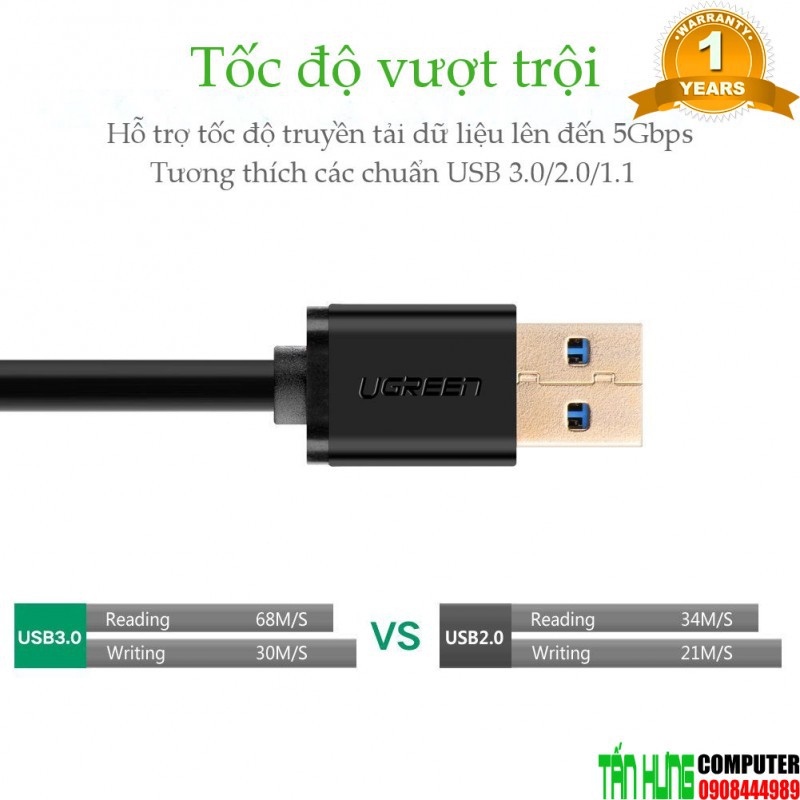 Cáp USB 3.0 Nối Dài 0,5 Mét Mạ Vàng Ugreen 30125 - Hàng Chính Hãng