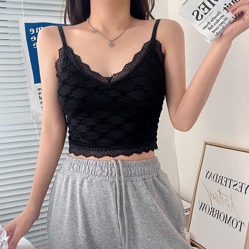 OCEANMAP Áo Ngực Nylon Hai Dây Phối Ren Màu Trơn Thoáng Khí Thời Trang Cho Nữ