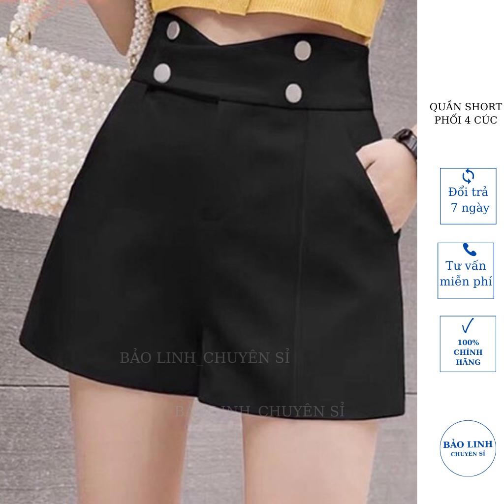 Quần short đùi nữ cạp cao phối 4 cúc viền cách điệu mặc đi chơi đi biển