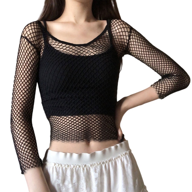 Áo Croptop Lưới Tay Dài Trễ Vai Xuyên Thấu Gợi Cảm Cho Nữ
