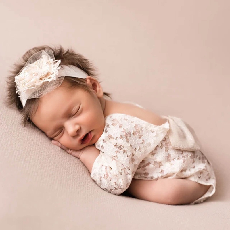 Set 2 món áo liền quần + băng đô đính nơ hoa bằng ren dùng chụp ảnh cho bé sơ sinh