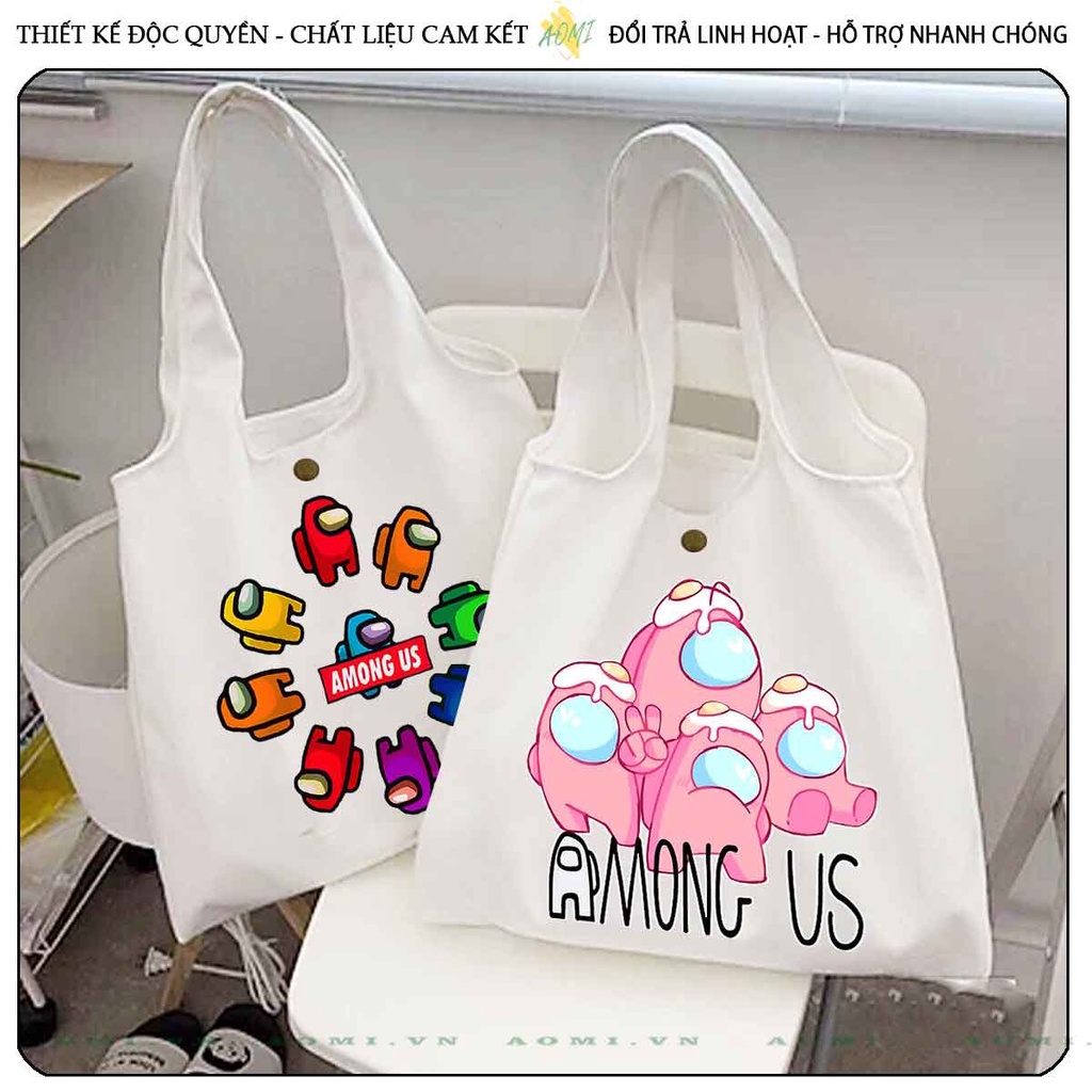 TOTE CANVAS AMONG US GAME FORM TRÒN TÚI VẢI ĐEO VAI BAG NÚT BẤM SIZE LỚN AOMIVN DU LỊCH  MÀU ĐEN TRẮNG