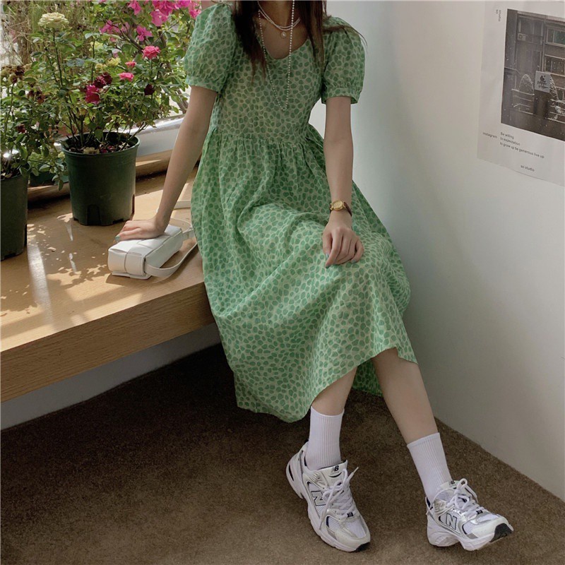 Green Puff Sleeve Floral Dress for Women