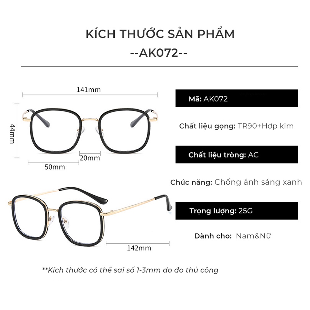 Kính Chống Ánh Sáng Xanh Và Tia Bức Xạ Nam Nữ AORON Mắt Trong Suốt Gọng Kim Loại Thời Trang Retro Sang Chảnh-AK072