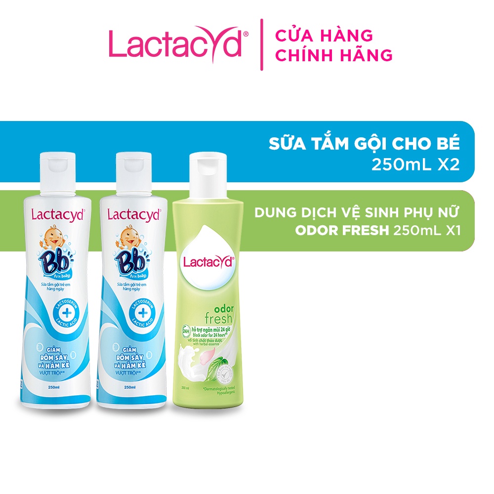 Bộ 2 chai Sữa Tắm Gội Trẻ Em Lactacyd Bb Giảm Rôm Sảy và Hăm Kẽ 250ml + 1 Dung Dịch Vệ Sinh Lactacyd Odor Fresh 250ml