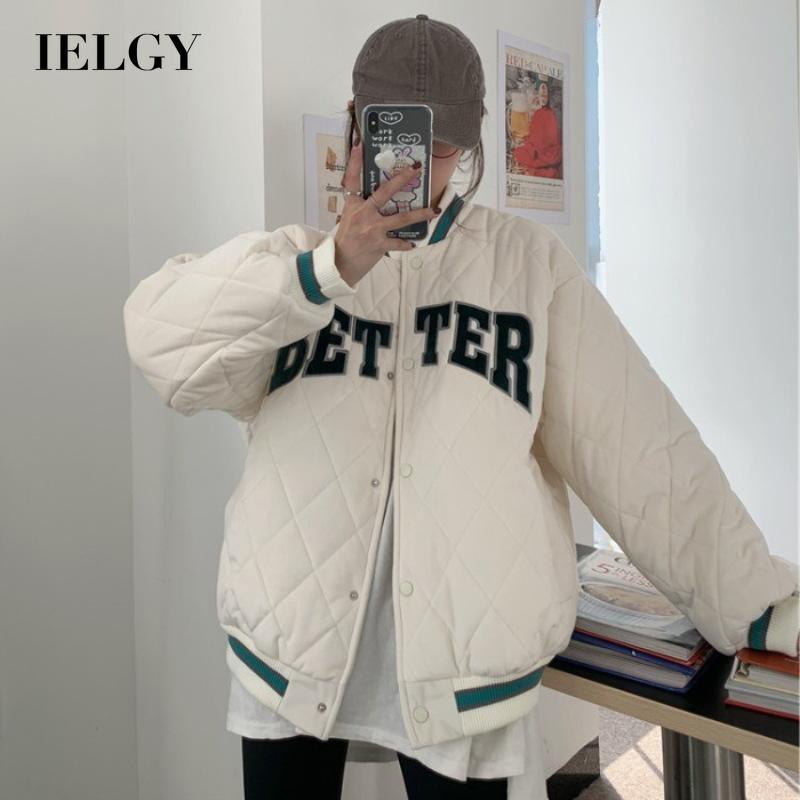 IELGY  Áo Khoác Bóng Chày Bằng cotton Dày Dặn Thêu Chữ Phong Cách Harajuku Dành Cho Nữ