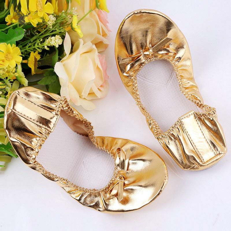 COD&amp; Golden Flat Ballet Yoga Dance Shoes Portable for Lady Girl Woman
