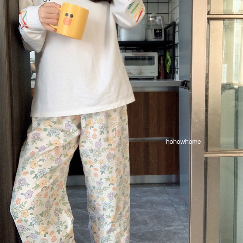 Quần dài ống rộng cạp cao họa tiết hoa phong cách Hàn Quốc thời trang trẻ trung