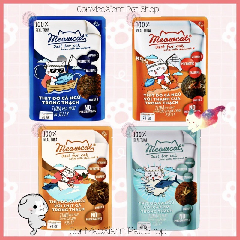 Pate cho mèo jelly Meowcat 70g 9 vị, thức ăn ướt tăng cân tiêu búi lông đẹp lông cho mèo con lớn nhỏ Con Mèo Xiêm