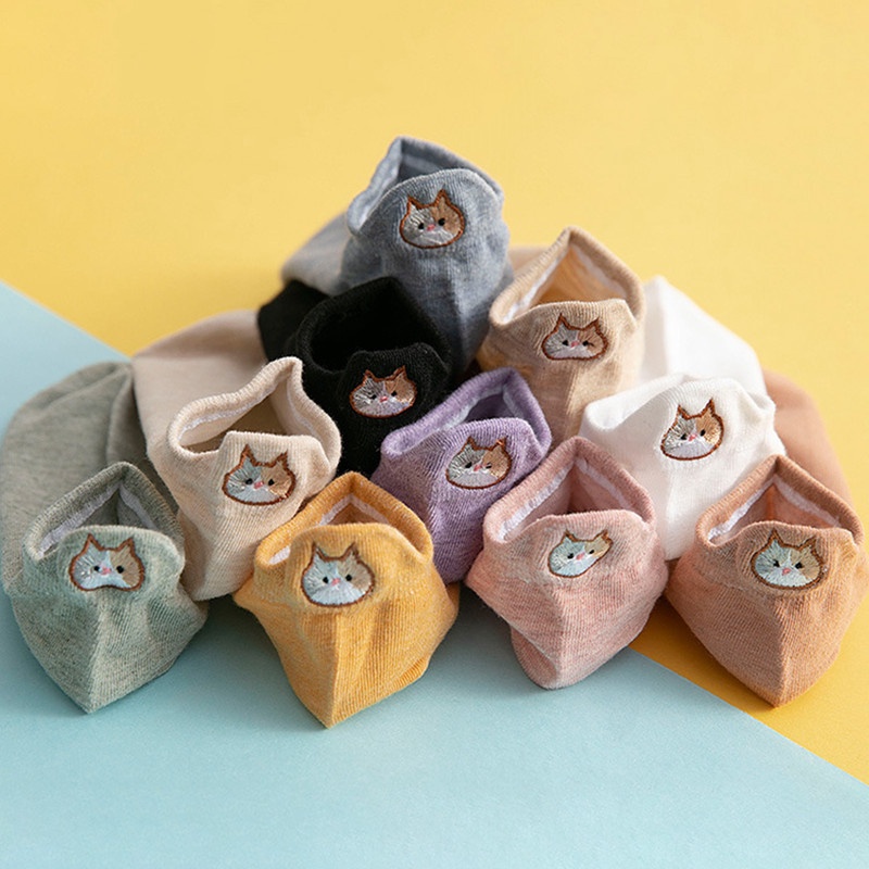 1 Đôi Vớ Cotton Cổ Thấp Thoáng Khí Thêu Họa Tiết Mèo Hoạt Hình Dễ Thương Thời Trang Xuân Hè Cho Nữ
