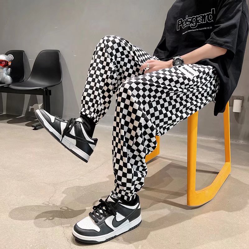 Quần ống rộng Sọc Caro Trắng Đen Thời Trang Nam Tính