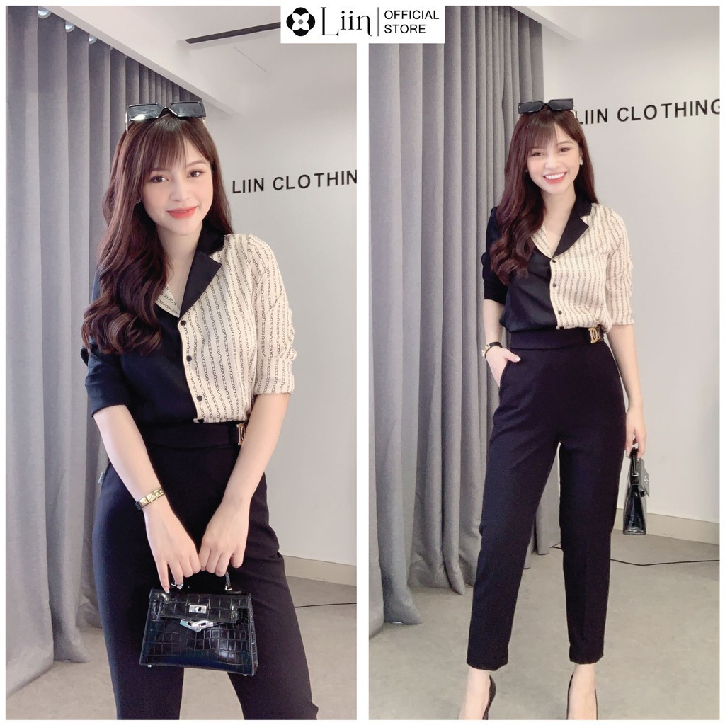 Áo sơ mi nữ màu Đen cao cấp phối Chữ kết hợp Cổ Vest sành điệu Liin Clothing SM3060 - HÀNG MỚI VỀ