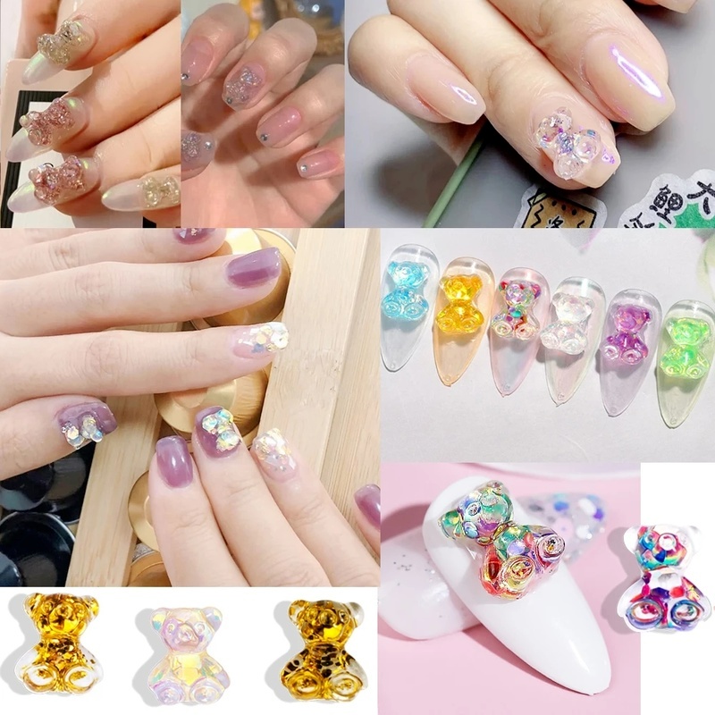 Bộ Phụ Kiện Đính Trang Trí Móng Tay Hình Gấu 3D Dễ Thương