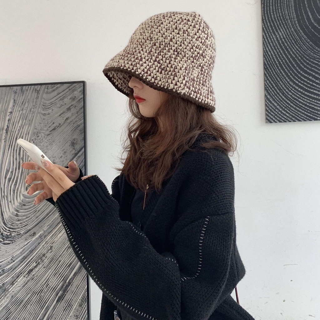 Nón Bucket Dệt Kim Họa Tiết Kẻ Sọc Phong Cách Harajuku Dân Tộc Cho Nữ