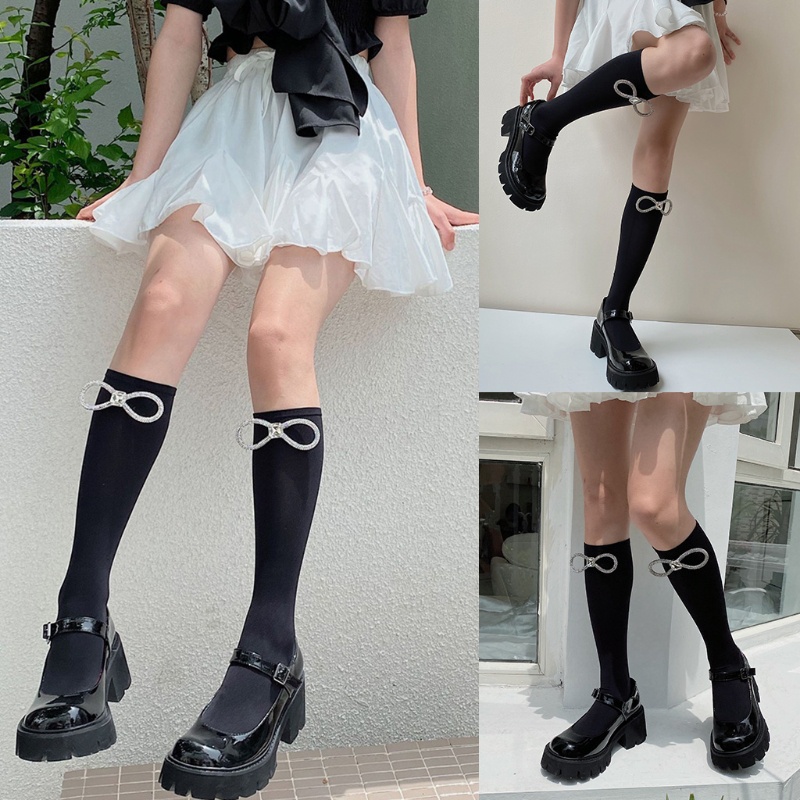 Vớ Dài Qua Gối Vải Lụa Đính Nơ Pha Lê Lấp Lánh Kiểu Lolita Nhật Bản Thời Trang Mùa Hè Cho Nữ