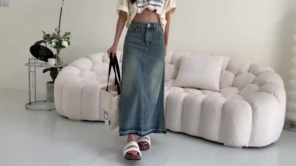 Chân váy Denim dài dáng chữ A phong cách Retro | BigBuy360 - bigbuy360.vn